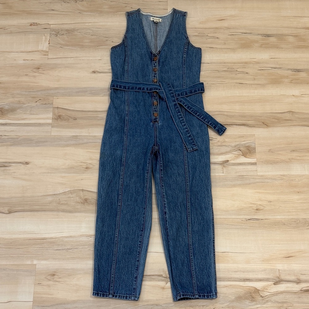 Madewell Women Denim Sleeveless Button Down Jumpsuit with Bow Tie Belt XS